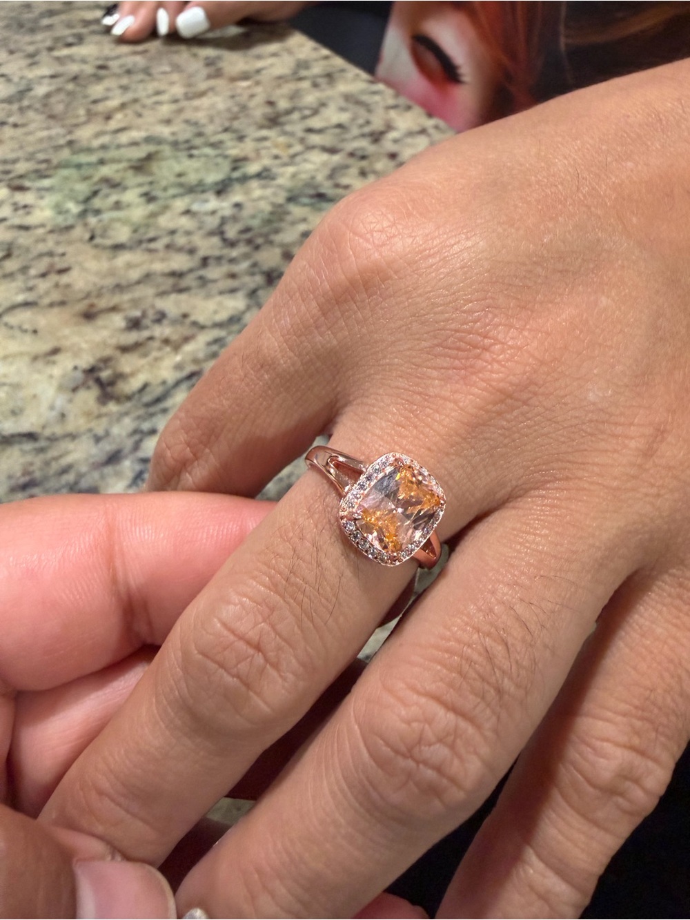 Rose Gold Halo Ring with Peach Center Stone